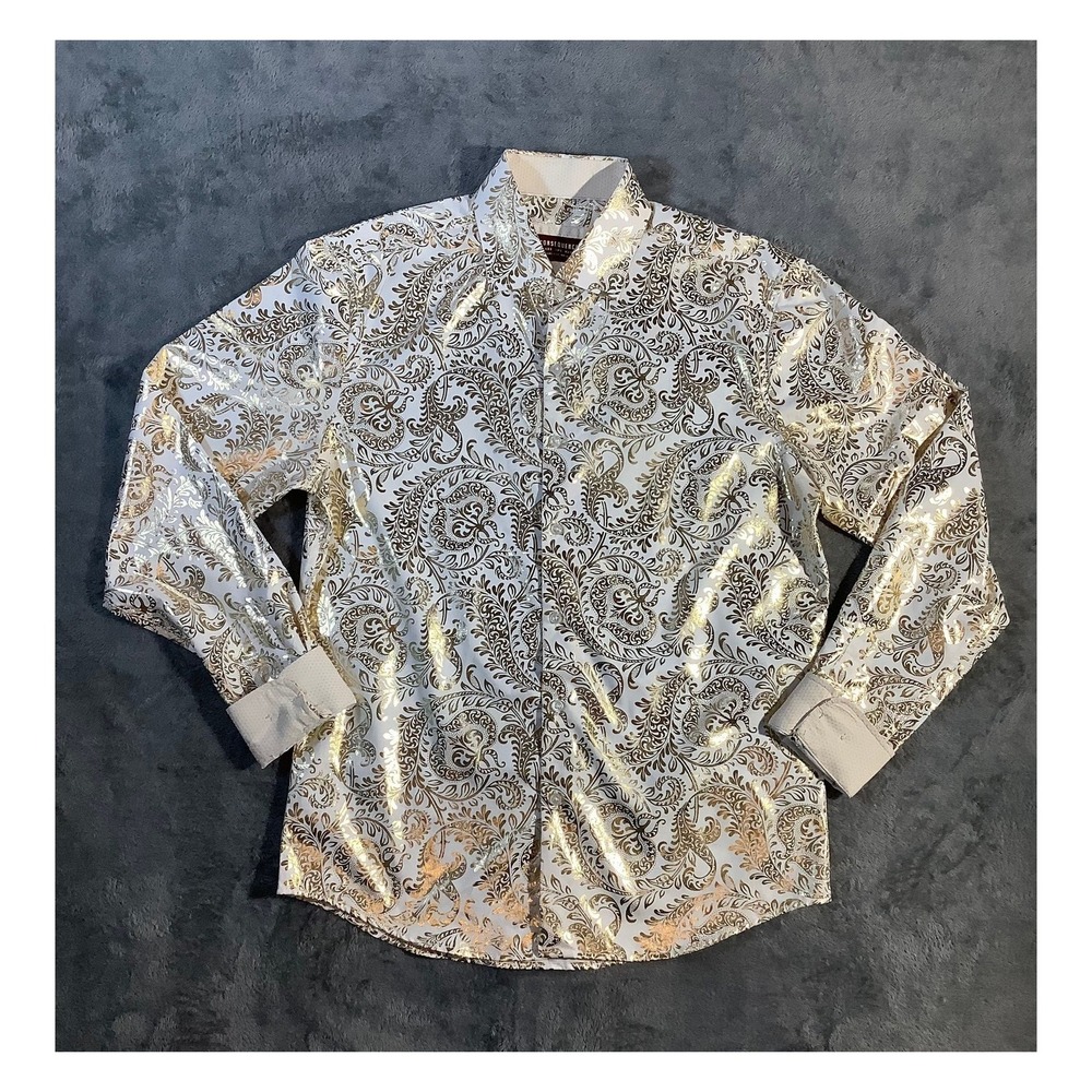Consequence Men's S Gold Foil Metallic Paisley Dress Shirt White Long Sleeve